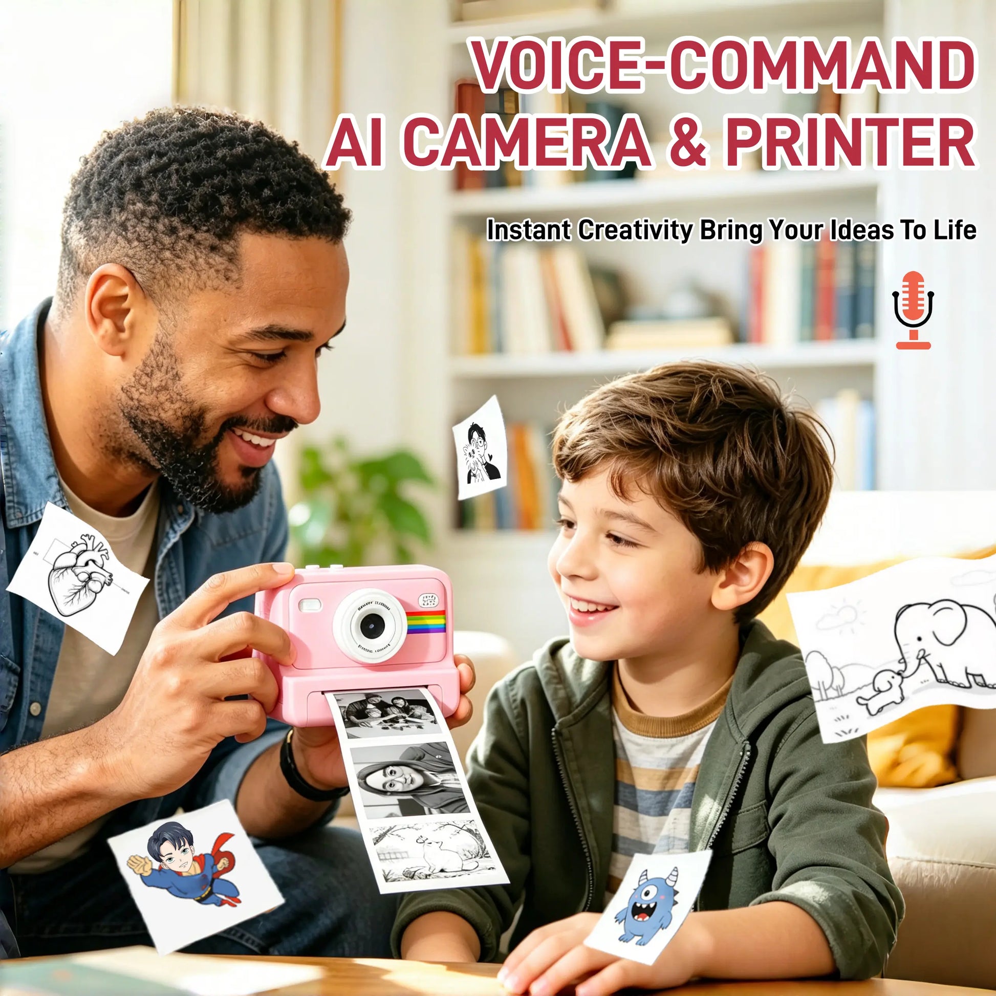 AI Instant Print Camera for Kids, Voice-To-Image AI Digital Camera, AI Story Generator, Cartoon & Sketch Photo Effects, Educational Toy Camera with Thermal Printing, Games, 16GB Card, Pink