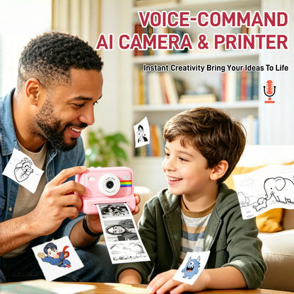 AI Instant Print Camera for Kids, Voice-To-Image AI Digital Camera, AI Story Generator, Cartoon & Sketch Photo Effects, Educational Toy Camera with Thermal Printing, Games, 16GB Card, Pink