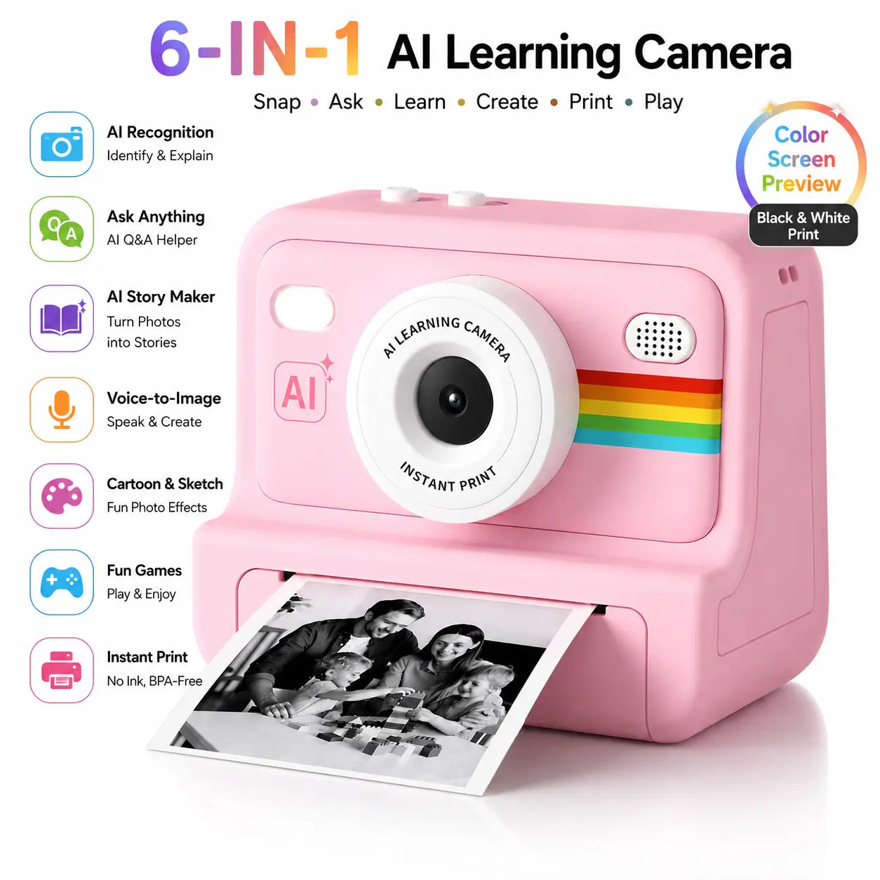 AI Instant Print Camera for Kids, Voice-To-Image AI Digital Camera, AI Story Generator, Cartoon & Sketch Photo Effects, Educational Toy Camera with Thermal Printing, Games, 16GB Card, Pink