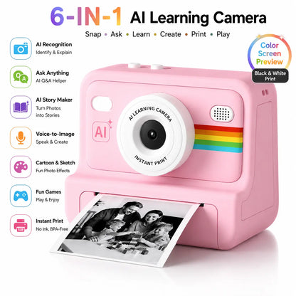 AI Instant Print Camera for Kids, Voice-To-Image AI Digital Camera, AI Story Generator, Cartoon & Sketch Photo Effects, Educational Toy Camera with Thermal Printing, Games, 16GB Card, Pink