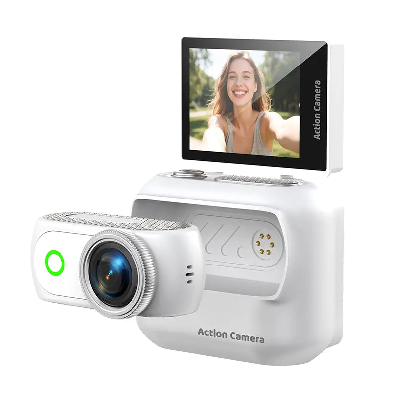 【Action Me】 Portable Mini Action Camera W/ Flip Screen, Hands-Free POV Vlog Camera, Phone-Compatible, Includes Charging Case & Cap Mount (Blk/Wht/Pnk) - Free Protective Case Included #Summerwins #Deals for You