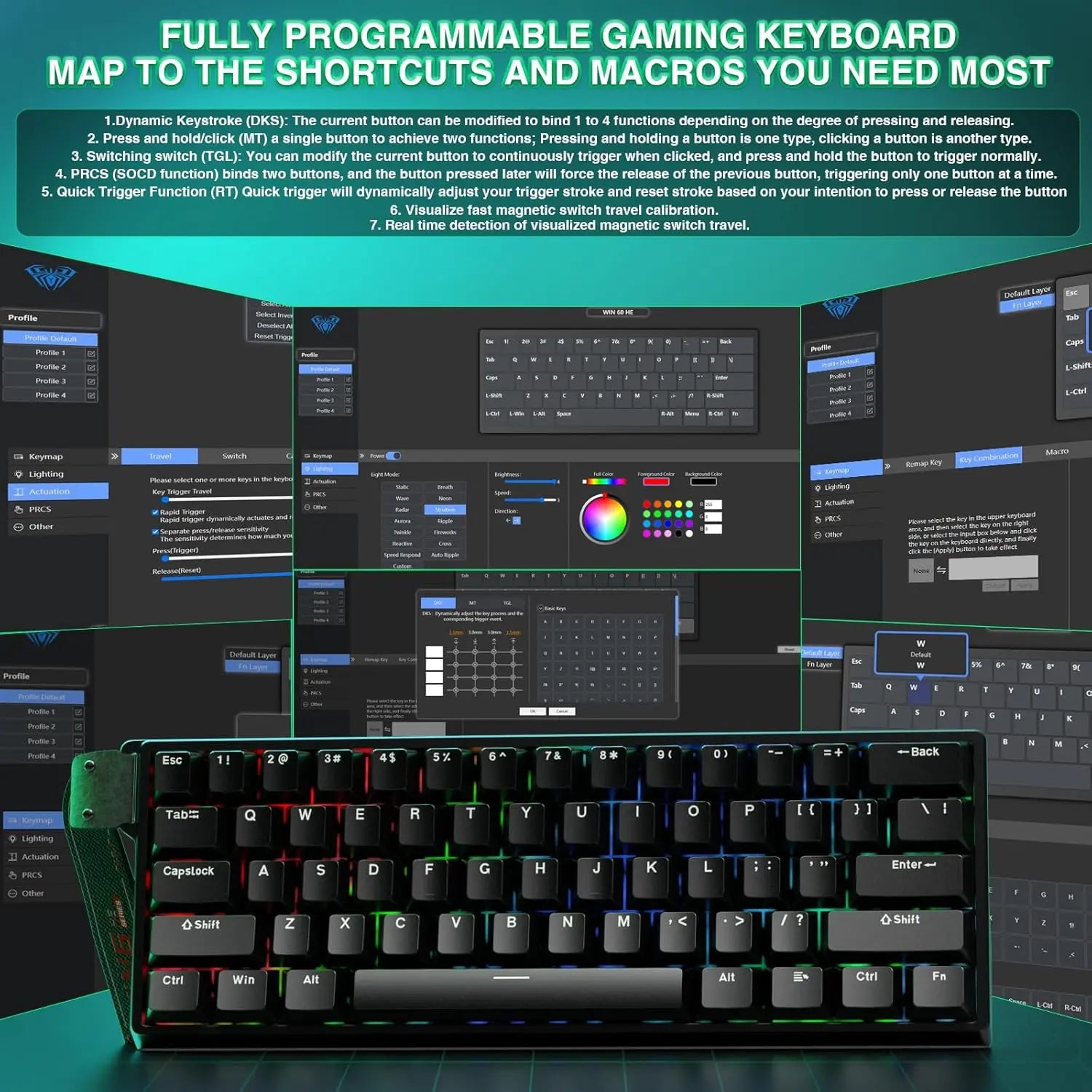 Aula WIN60 HE 60% Mechanical Keyboard Wired, Hall Effect Gaming Keyboard Magnetic Switch Hot Swappable, Adjustable Actuation Rapid Trigger Mode 8000Hz Polling Rate, RGB Keyboard 60 Percent Design Summerwins