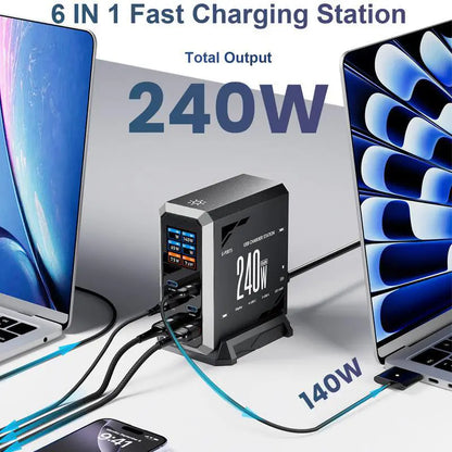 240W Digital USB C Gan Charger 6 Ports Desktop Charging Station, PD 3.1 140W USB C Fast Charger Block for Macbook Pro/Air, DELL, Laptop,Fast Charger Power Adapter for Iphone 17 Pro Max,Samsung Cellphone,Ipad,Black