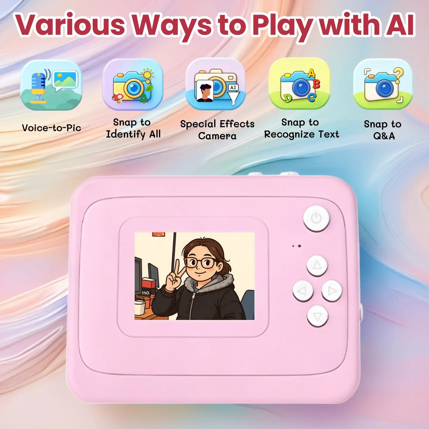AI Instant Print Camera for Kids, Voice-To-Image AI Digital Camera, AI Story Generator, Cartoon & Sketch Photo Effects, Educational Toy Camera with Thermal Printing, Games, 16GB Card, Pink