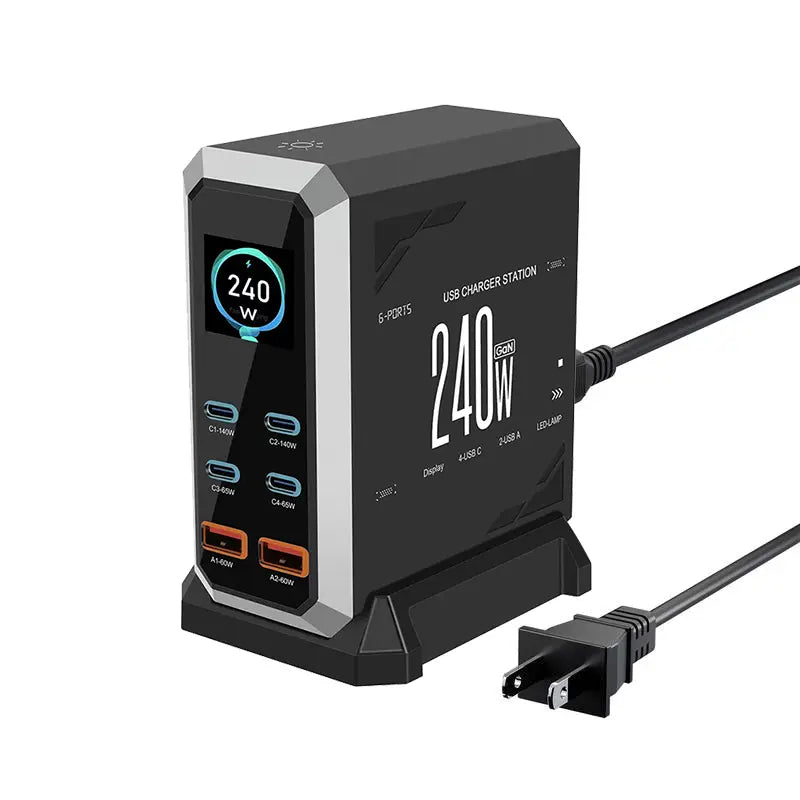 240W Digital USB C Gan Charger 6 Ports Desktop Charging Station, PD 3.1 140W USB C Fast Charger Block for Macbook Pro/Air, DELL, Laptop,Fast Charger Power Adapter for Iphone 17 Pro Max,Samsung Cellphone,Ipad,Black