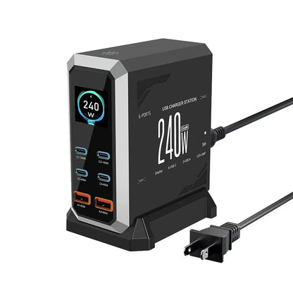 240W Digital USB C Gan Charger 6 Ports Desktop Charging Station, PD 3.1 140W USB C Fast Charger Block for Macbook Pro/Air, DELL, Laptop,Fast Charger Power Adapter for Iphone 17 Pro Max,Samsung Cellphone,Ipad,Black