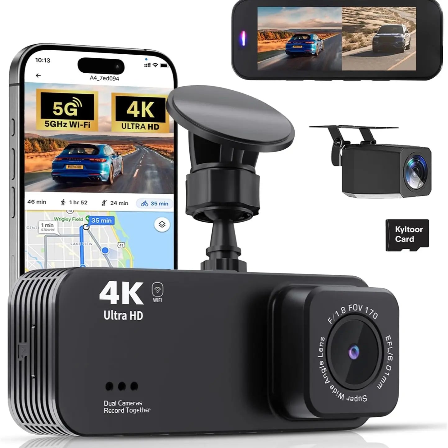 Dash Cam Front and Rear, 4K+ Screen Dual Dash Camera for Cars with 5G Wifi, Built-In High-Capacity Storage, Night Vision, G-Sensor, 24H Parking Mode