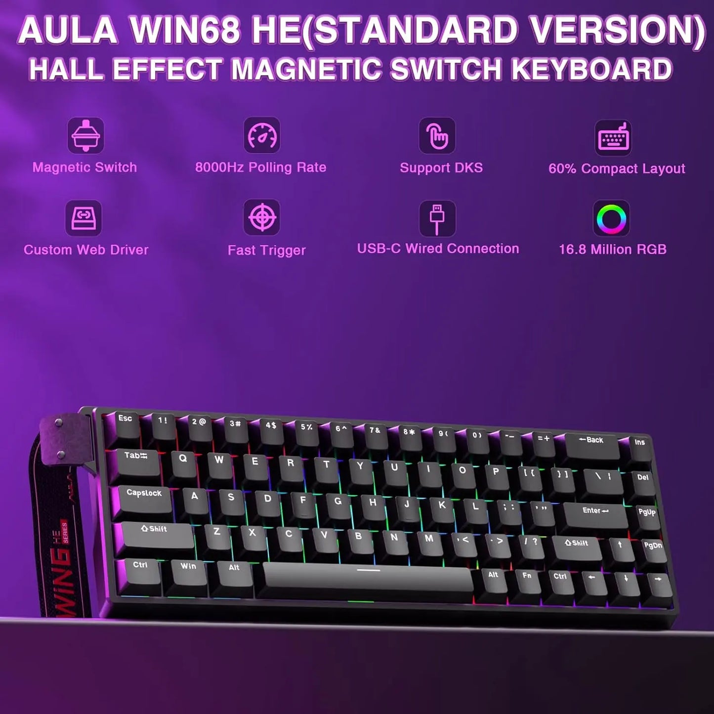 AULA WIN68 HE Mechanical Gaming Keyboard Accessory, 60% Layout, Hall Effect Magnetic Switch, Adjustable Actuation Fast Trigger Mode, 8000Hz Polling Rate, RGB Backlit, Wired Black for Laptop/Pc Gamers, Computer Keyboards, Keyboard Accessory Keyboards