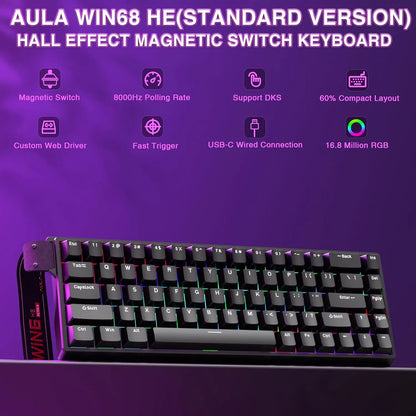 AULA WIN68 HE Mechanical Gaming Keyboard Accessory, 60% Layout, Hall Effect Magnetic Switch, Adjustable Actuation Fast Trigger Mode, 8000Hz Polling Rate, RGB Backlit, Wired Black for Laptop/Pc Gamers, Computer Keyboards, Keyboard Accessory Keyboards