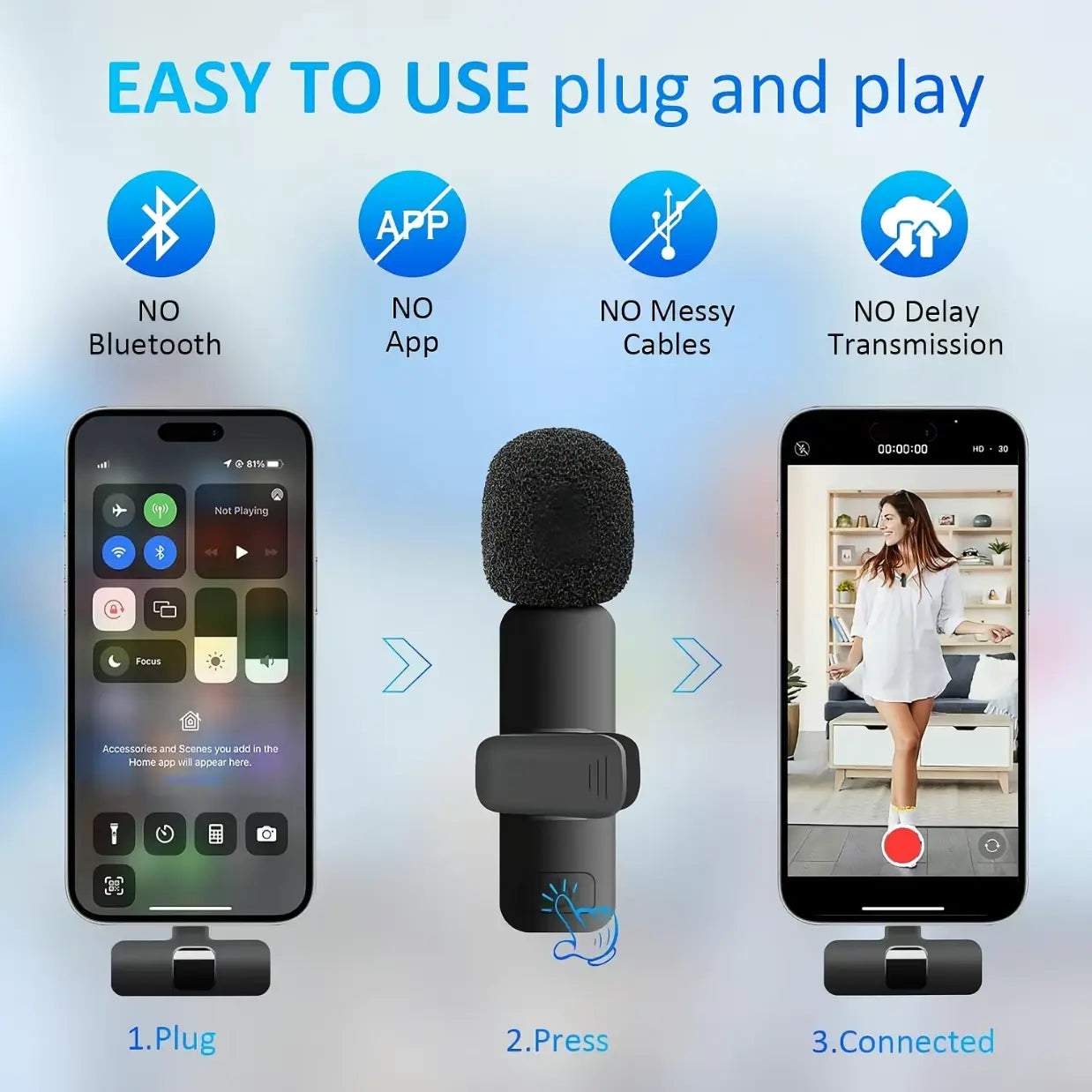 Wireless Microphone, USB Rechargeable Wireless Lavalier Microphone with Noise Cancellation, Microphone for Video Recording, Podcasting, Vlog, Live Streaming, Audio