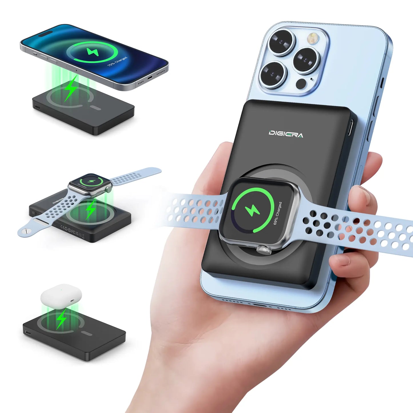 Digiera 5000Mah Magnetic Power Bank, Wireless Portable Charger, 3-In-1 Fast Charging Magsafe Battery Pack for Iphone 17/16/15/14/13/12/Plus/Pro Max, Compact Device Smartphone Earbuds Chargeable Travel Gadgets