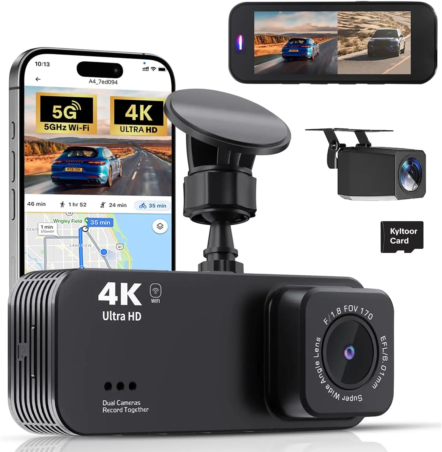 Dash Cam Front and Rear, 4K+ Screen Dual Dash Camera for Cars with 5G Wifi, Built-In High-Capacity Storage, Night Vision, G-Sensor, 24H Parking Mode