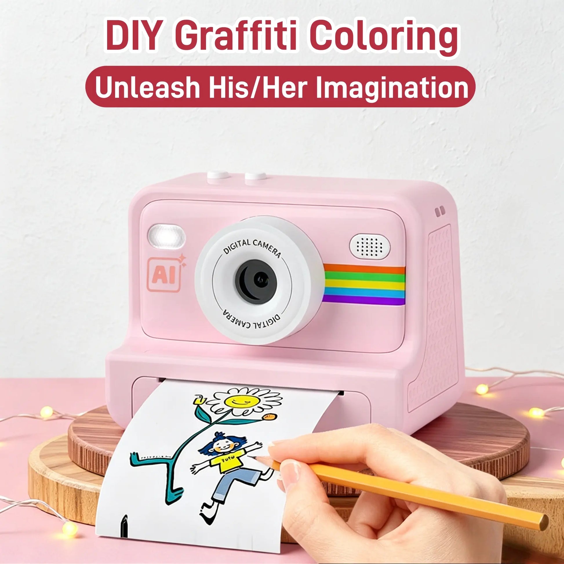 AI Instant Print Camera for Kids, Voice-To-Image AI Digital Camera, AI Story Generator, Cartoon & Sketch Photo Effects, Educational Toy Camera with Thermal Printing, Games, 16GB Card, Pink