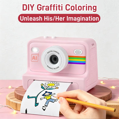 AI Instant Print Camera for Kids, Voice-To-Image AI Digital Camera, AI Story Generator, Cartoon & Sketch Photo Effects, Educational Toy Camera with Thermal Printing, Games, 16GB Card, Pink