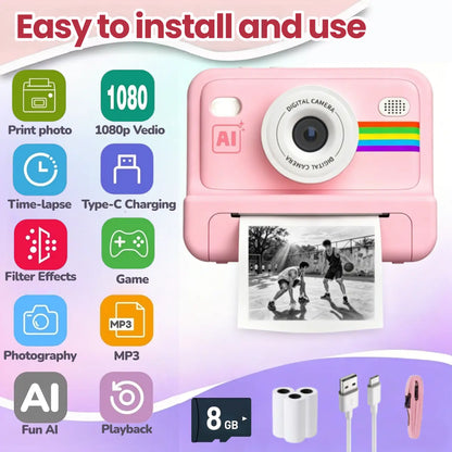 AI Instant Print Camera for Kids, Voice-To-Image AI Digital Camera, AI Story Generator, Cartoon & Sketch Photo Effects, Educational Toy Camera with Thermal Printing, Games, 16GB Card, Pink