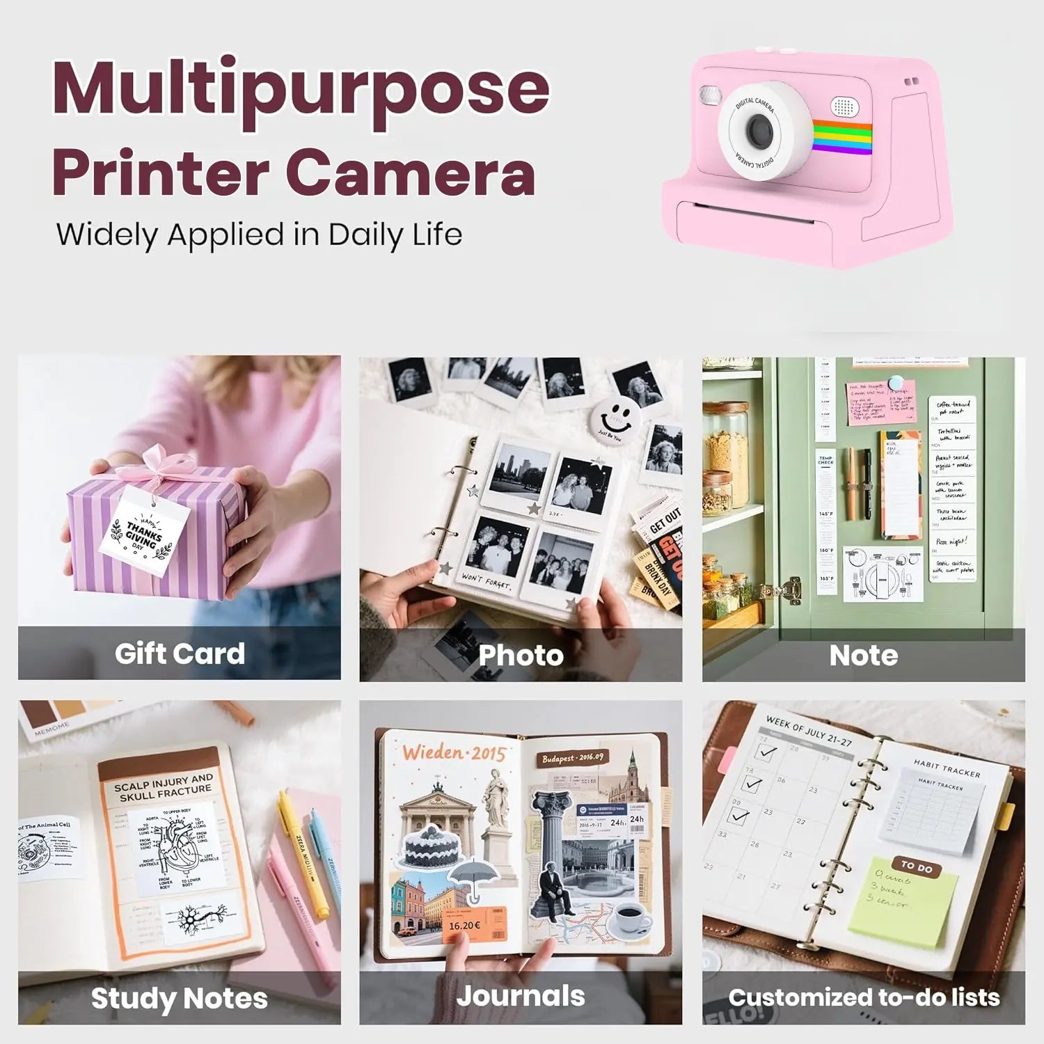 AI Instant Print Camera for Kids, Voice-To-Image AI Digital Camera, AI Story Generator, Cartoon & Sketch Photo Effects, Educational Toy Camera with Thermal Printing, Games, 16GB Card, Pink