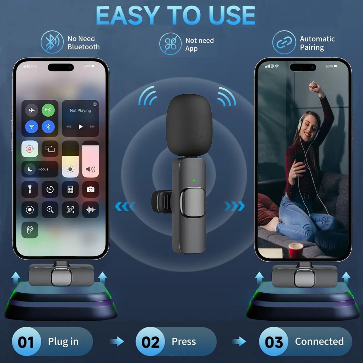 Wireless Lavalier Lapel Microphone for Iphone 15 /14/13/12/Ipad Series/Android/Computer - Bluetooth Mini Phone Microphones for Video Recording - 2 Clip on Mics with USB C Interface for Tiktok Youtube Vlog