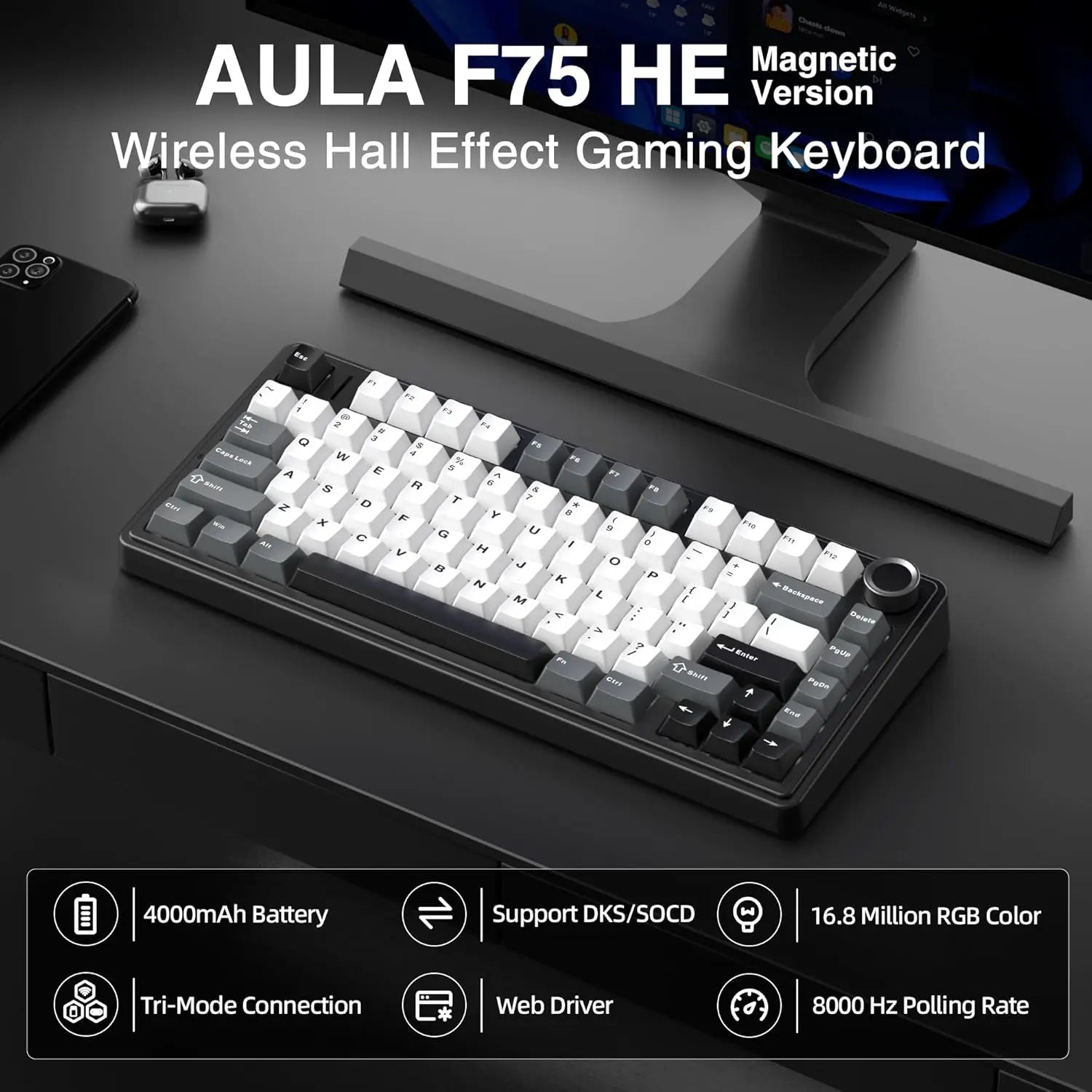 [NEW]AULA F75 HE Wireless Magnetic Switch Custom Gaming Keyboard, 75% Hall Effect Keyboard with Rapid Trigger, 8000Hz Polling Rate , Adjustable Actuation, BT/2.4G/USB-C, Hot Swappable RGB Backlit Keyboard for PC Gamer Multi-Device Creamy Keyboard