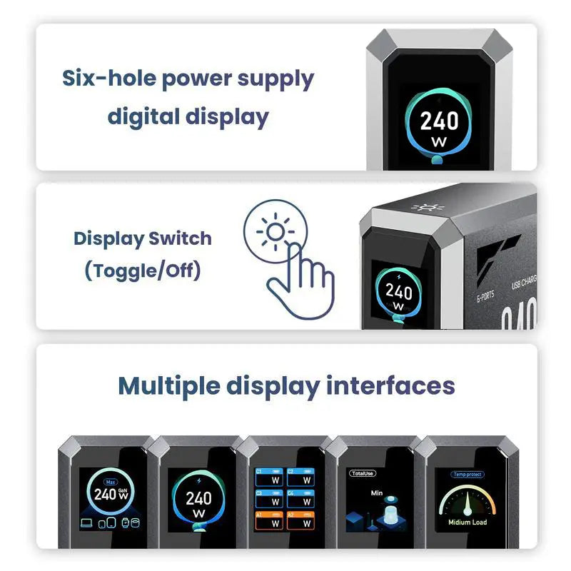 240W Digital USB C Gan Charger 6 Ports Desktop Charging Station, PD 3.1 140W USB C Fast Charger Block for Macbook Pro/Air, DELL, Laptop,Fast Charger Power Adapter for Iphone 17 Pro Max,Samsung Cellphone,Ipad,Black