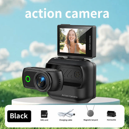 【Action Me】 Portable Mini Action Camera W/ Flip Screen, Hands-Free POV Vlog Camera, Phone-Compatible, Includes Charging Case & Cap Mount (Blk/Wht/Pnk) - Free Protective Case Included #Summerwins #Deals for You