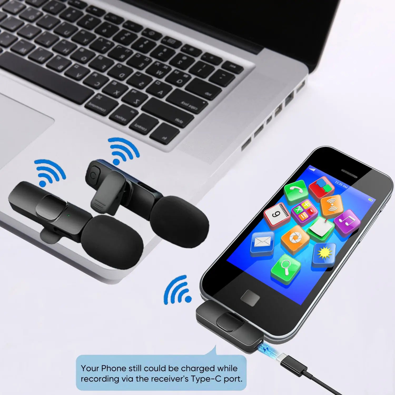 Wireless Lavalier Lapel Microphone for Iphone 15 /14/13/12/Ipad Series/Android/Computer - Bluetooth Mini Phone Microphones for Video Recording - 2 Clip on Mics with USB C Interface for Tiktok Youtube Vlog