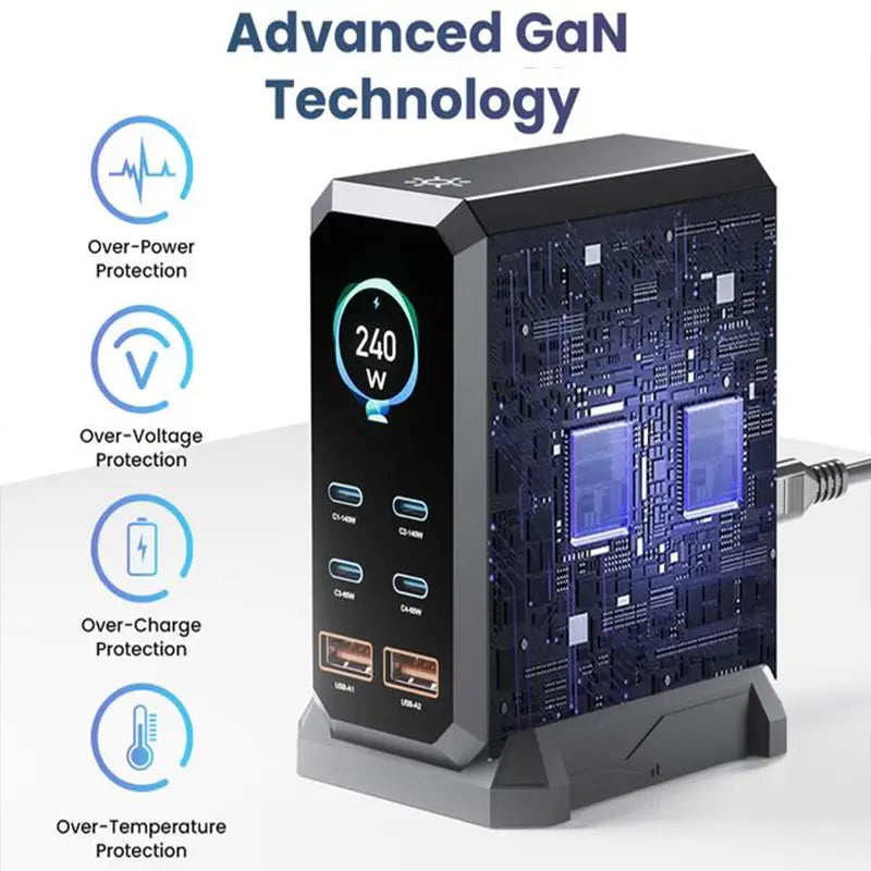 240W Digital USB C Gan Charger 6 Ports Desktop Charging Station, PD 3.1 140W USB C Fast Charger Block for Macbook Pro/Air, DELL, Laptop,Fast Charger Power Adapter for Iphone 17 Pro Max,Samsung Cellphone,Ipad,Black