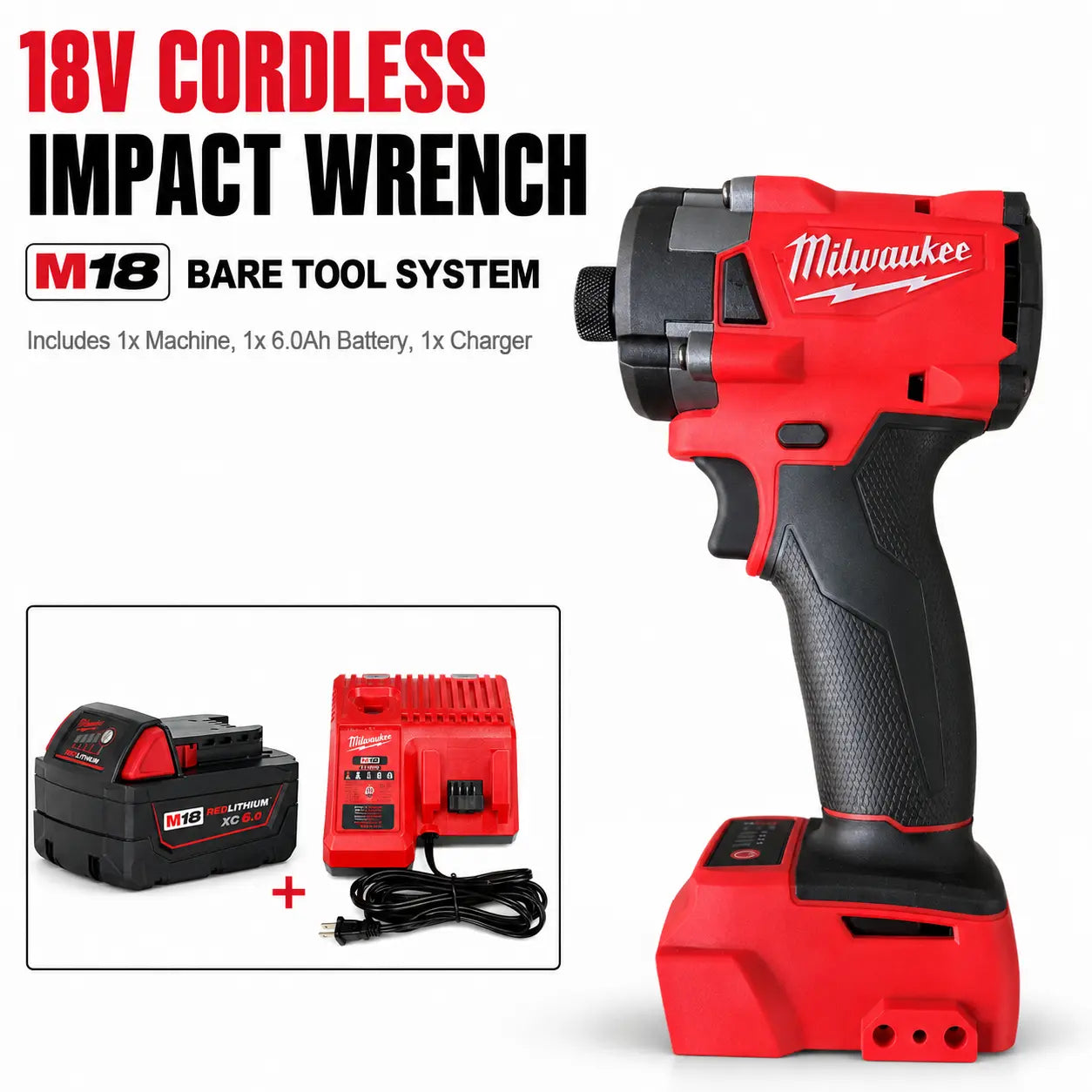 Milwaukee 300Nm 1/4 M18 Impact Driver Supplied with One 6.0Ah Battery + Single Charger | Brushless Motor / Variable Speed Trigger | Deck Screw Driving, Cabinet Installation Halloween Christmas Party Gift Wholesale Tools Alarm Co High Torque Impact