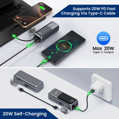 Digiera 10000Mah Power Bank with Built-In Charging Cable Lanyard, 20W PD Fast Charging,Dual-Direction USB-C Cable, LED Battery Display, Compact & Travel-Friendly