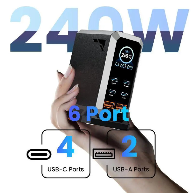 240W Digital USB C Gan Charger 6 Ports Desktop Charging Station, PD 3.1 140W USB C Fast Charger Block for Macbook Pro/Air, DELL, Laptop,Fast Charger Power Adapter for Iphone 17 Pro Max,Samsung Cellphone,Ipad,Black