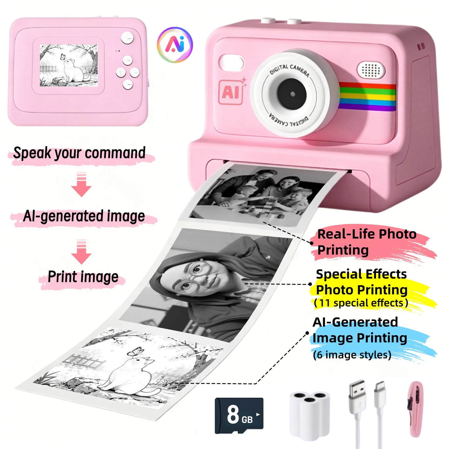 AI Instant Print Camera for Kids, Voice-To-Image AI Digital Camera, AI Story Generator, Cartoon & Sketch Photo Effects, Educational Toy Camera with Thermal Printing, Games, 16GB Card, Pink