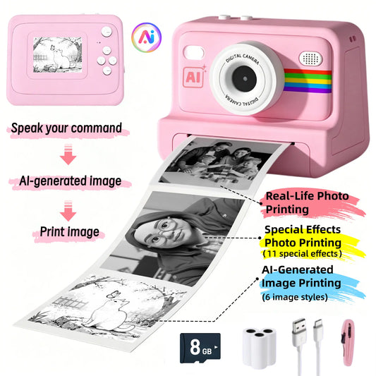 AI Instant Print Camera for Kids, Voice-To-Image AI Digital Camera, AI Story Generator, Cartoon & Sketch Photo Effects, Educational Toy Camera with Thermal Printing, Games, 16GB Card, Pink