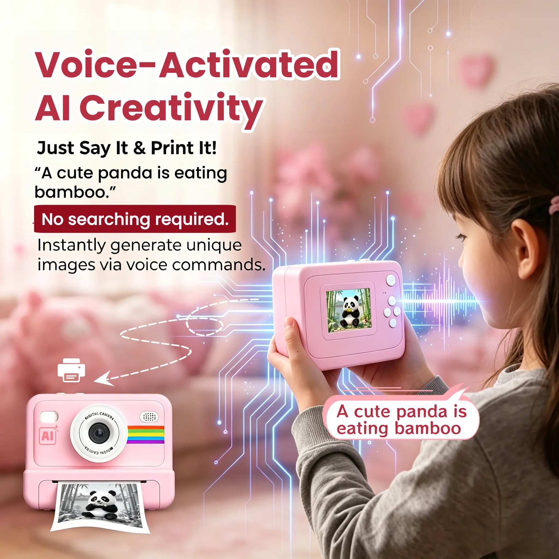 AI Instant Print Camera for Kids, Voice-To-Image AI Digital Camera, AI Story Generator, Cartoon & Sketch Photo Effects, Educational Toy Camera with Thermal Printing, Games, 16GB Card, Pink