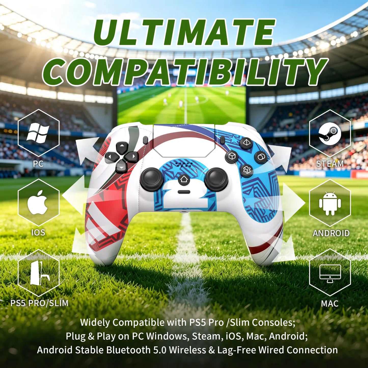 Football Theme Anti-Stick Drift Wireless Controller for PS5/PC – Programmable Macro Back Buttons, 6-Axis Gyro, Dual Vibration, Turbo, Touchpad, 3.5Mm Audio & Mic