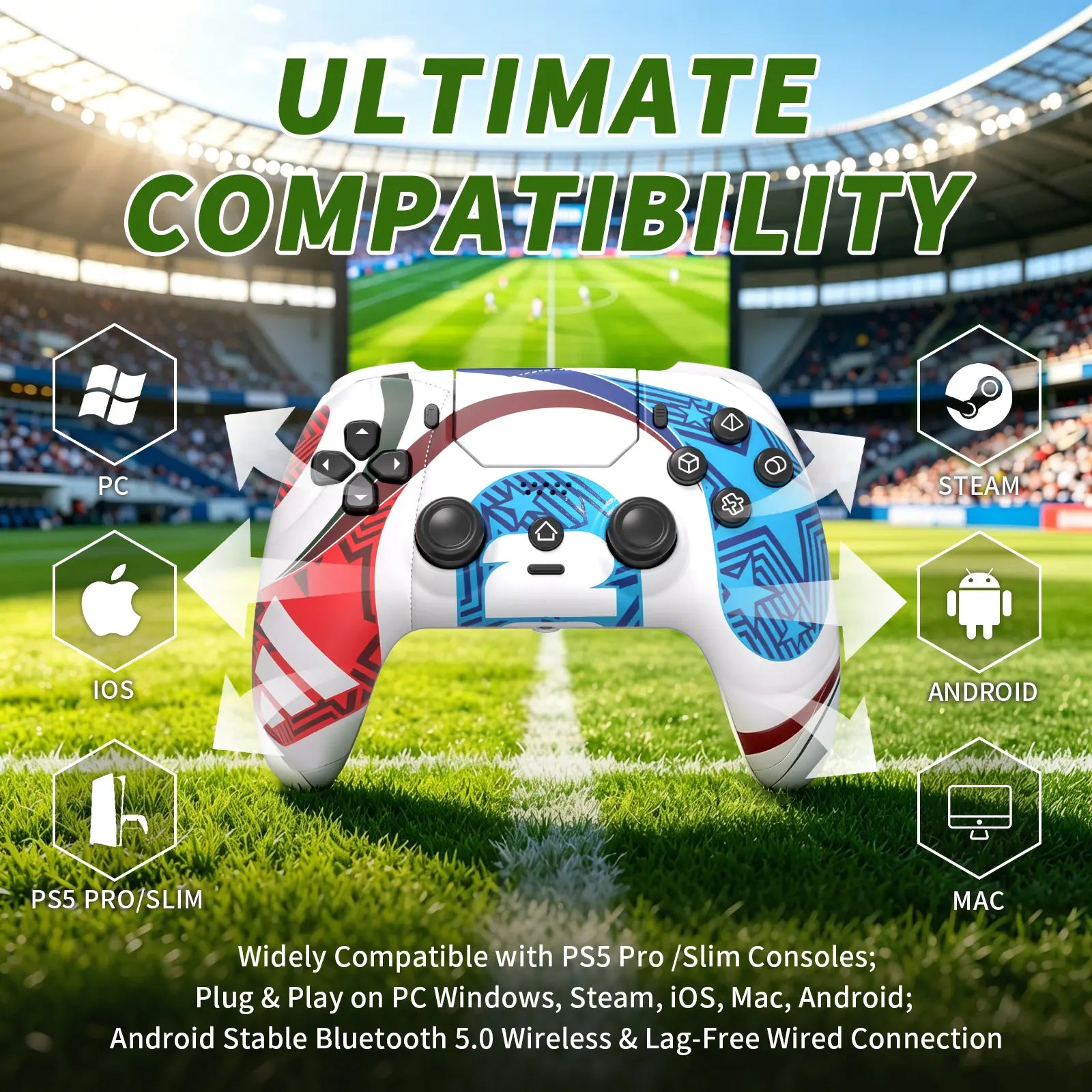 Football Theme Anti-Stick Drift Wireless Controller for PS5/PC – Programmable Macro Back Buttons, 6-Axis Gyro, Dual Vibration, Turbo, Touchpad, 3.5Mm Audio & Mic