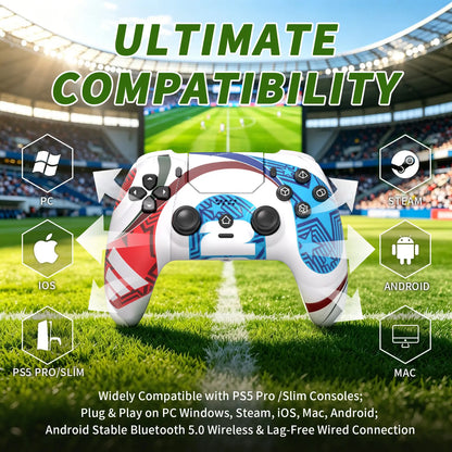 Football Theme Anti-Stick Drift Wireless Controller for PS5/PC – Programmable Macro Back Buttons, 6-Axis Gyro, Dual Vibration, Turbo, Touchpad, 3.5Mm Audio & Mic