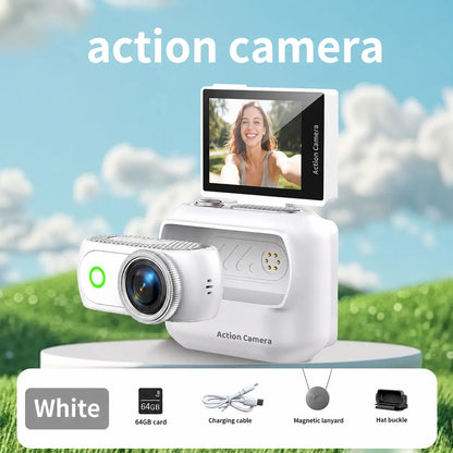 【Action Me】 Portable Mini Action Camera W/ Flip Screen, Hands-Free POV Vlog Camera, Phone-Compatible, Includes Charging Case & Cap Mount (Blk/Wht/Pnk) - Free Protective Case Included #Summerwins #Deals for You