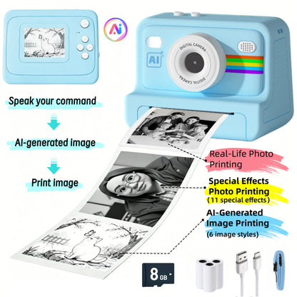 AI Instant Print Camera for Kids, Voice-To-Image AI Digital Camera, AI Story Generator, Cartoon & Sketch Photo Effects, Educational Toy Camera with Thermal Printing, Games, 16GB Card, Pink