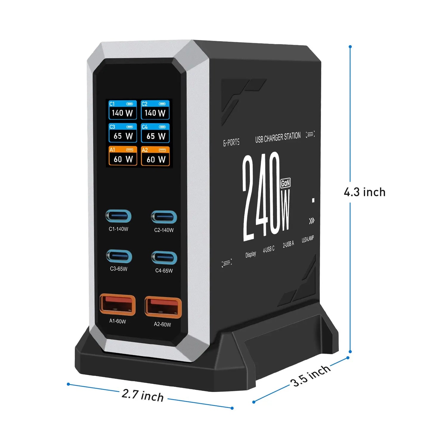 240W Digital USB C Gan Charger 6 Ports Desktop Charging Station, PD 3.1 140W USB C Fast Charger Block for Macbook Pro/Air, DELL, Laptop,Fast Charger Power Adapter for Iphone 17 Pro Max,Samsung Cellphone,Ipad,Black