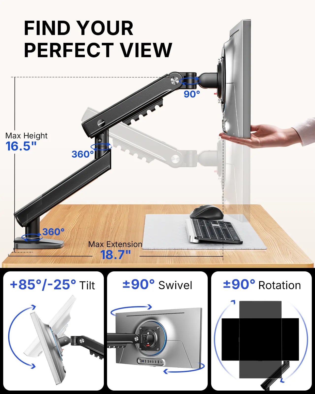 Flowlift Pro Upgrade Single Monitor Arm – Black, 13-32" Screen, 19.8Lbs Capacity, Mechaspring Technology, Instamount, Locksteady, Precisionview – Smooth & Adjustable Setup for Gamers and Professionals