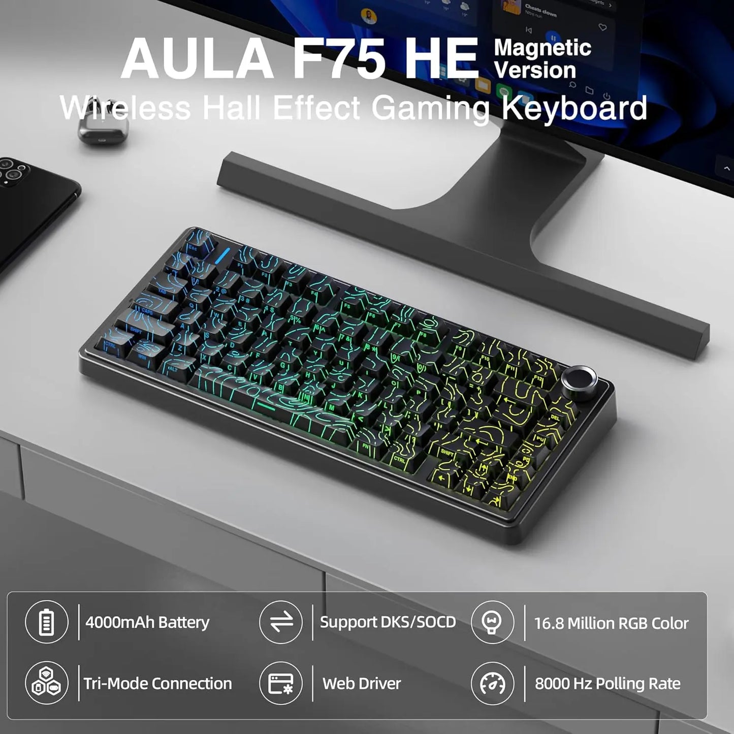 [New]Aula F75 HE Magnetic Switch Custom Creamy Gaming Keyboard, 75% Wireless Hall Effect, Rapid Trigger, 8000Hz Polling Rate, Adjustable Actuation, RGB Backlit Hot Swappable BT/2.4G/USB-C Fps Multi-Device Keyboard for PC Gamer, Pc Gaming Setup