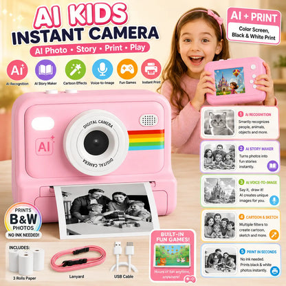 AI Instant Print Camera for Kids, Voice-To-Image AI Digital Camera, AI Story Generator, Cartoon & Sketch Photo Effects, Educational Toy Camera with Thermal Printing, Games, 16GB Card, Pink
