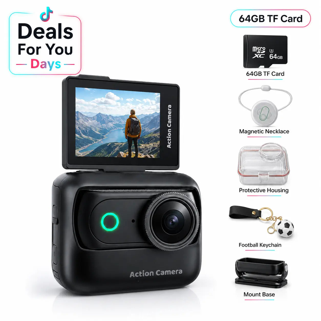 【Action Me】 Portable Mini Action Camera W/ Flip Screen, Hands-Free POV Vlog Camera, Phone-Compatible, Includes Charging Case & Cap Mount (Blk/Wht/Pnk) - Free Protective Case Included #Summerwins #Deals for You