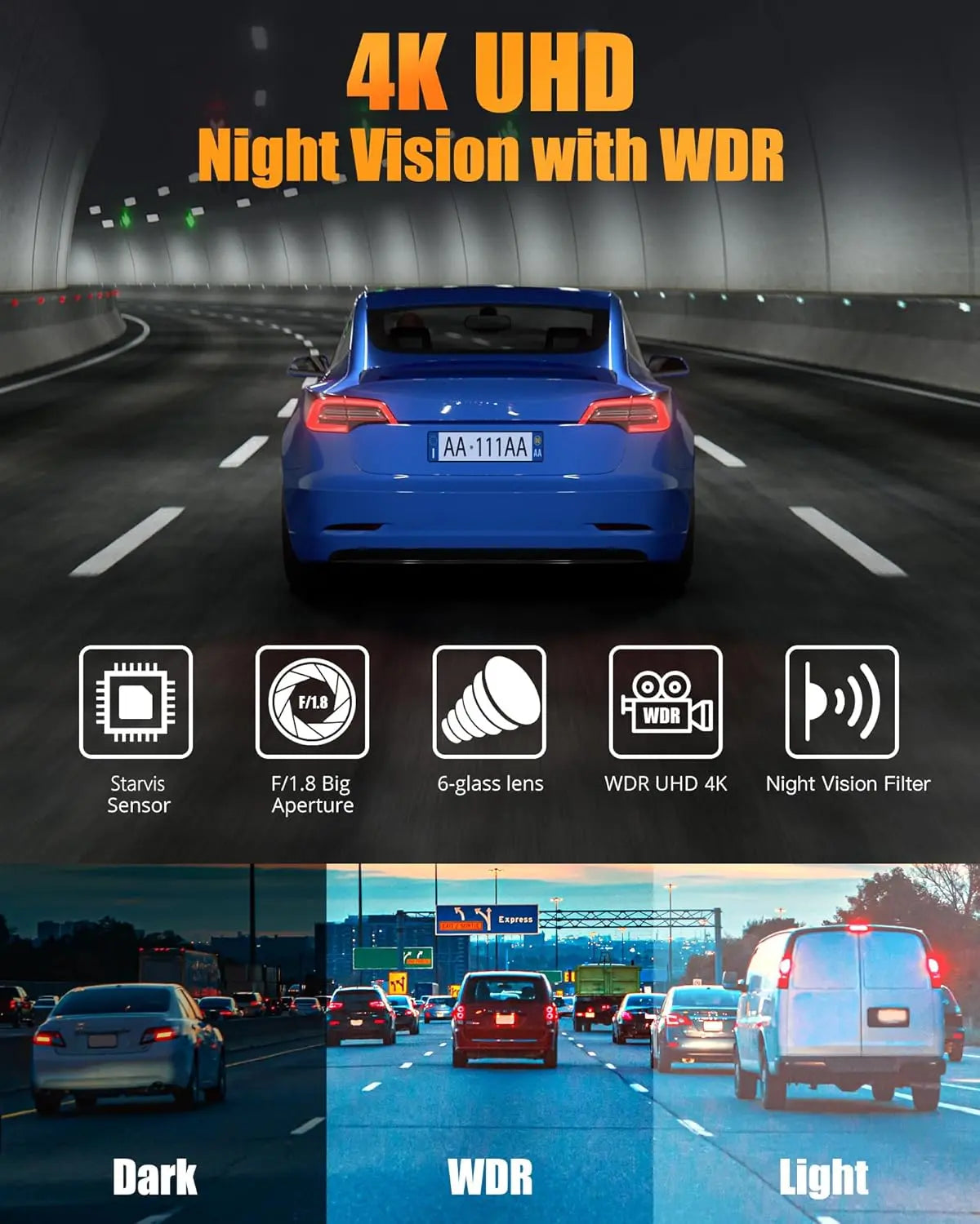 Dash Cam Front and Rear, 4K+ Screen Dual Dash Camera for Cars with 5G Wifi, Built-In High-Capacity Storage, Night Vision, G-Sensor, 24H Parking Mode