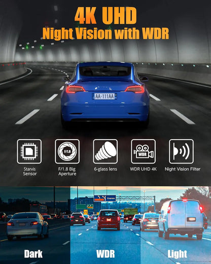 Dash Cam Front and Rear, 4K+ Screen Dual Dash Camera for Cars with 5G Wifi, Built-In High-Capacity Storage, Night Vision, G-Sensor, 24H Parking Mode