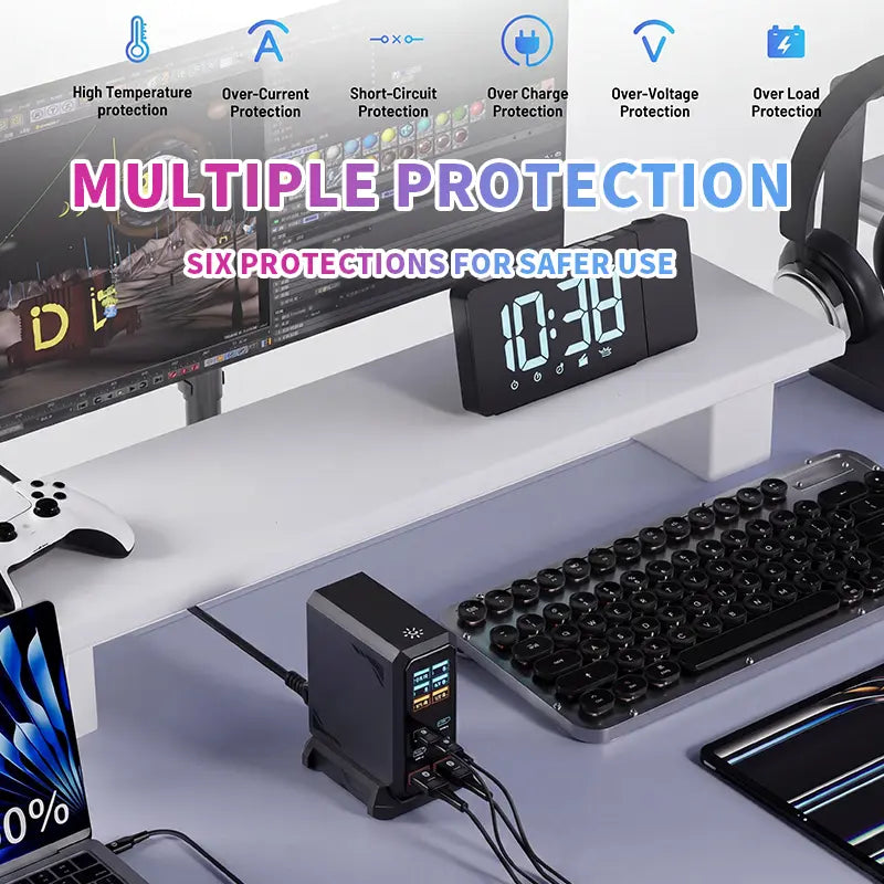 240W Digital USB C Gan Charger 6 Ports Desktop Charging Station, PD 3.1 140W USB C Fast Charger Block for Macbook Pro/Air, DELL, Laptop,Fast Charger Power Adapter for Iphone 17 Pro Max,Samsung Cellphone,Ipad,Black
