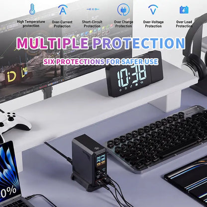 240W Digital USB C Gan Charger 6 Ports Desktop Charging Station, PD 3.1 140W USB C Fast Charger Block for Macbook Pro/Air, DELL, Laptop,Fast Charger Power Adapter for Iphone 17 Pro Max,Samsung Cellphone,Ipad,Black