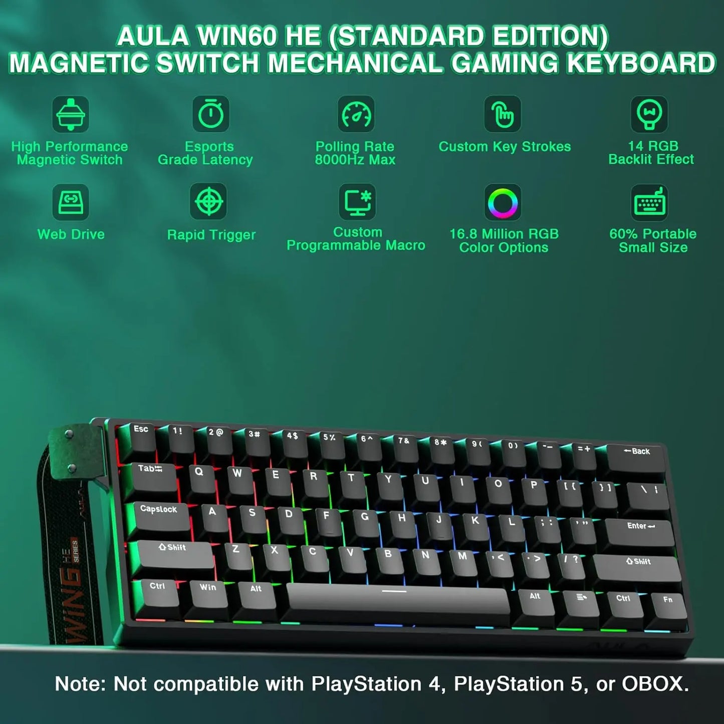 Aula WIN60 HE 60% Mechanical Keyboard Wired, Hall Effect Gaming Keyboard Magnetic Switch Hot Swappable, Adjustable Actuation Rapid Trigger Mode 8000Hz Polling Rate, RGB Keyboard 60 Percent Design Summerwins