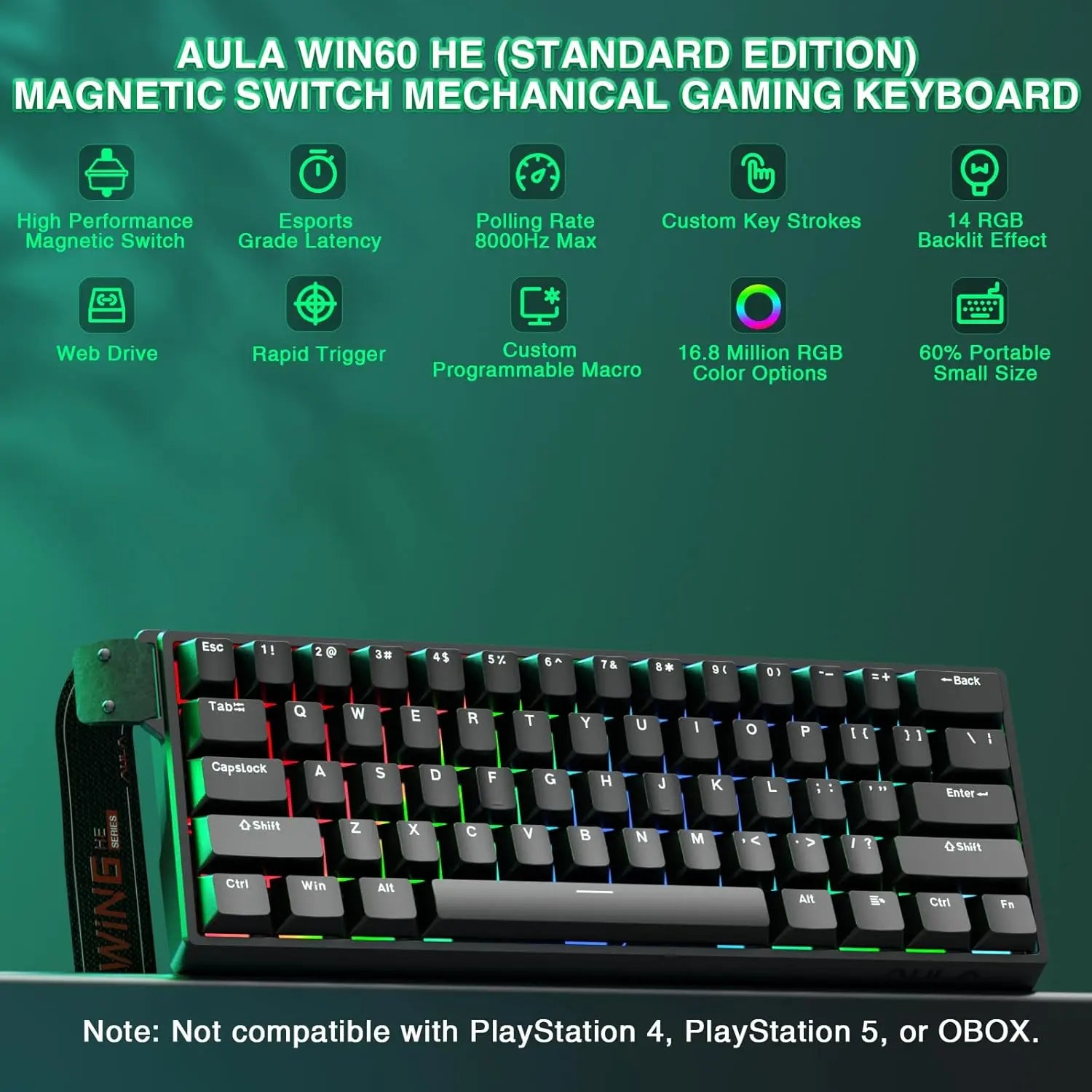 Aula WIN60 HE 60% Mechanical Keyboard Wired, Hall Effect Gaming Keyboard Magnetic Switch Hot Swappable, Adjustable Actuation Rapid Trigger Mode 8000Hz Polling Rate, RGB Keyboard 60 Percent Design Summerwins