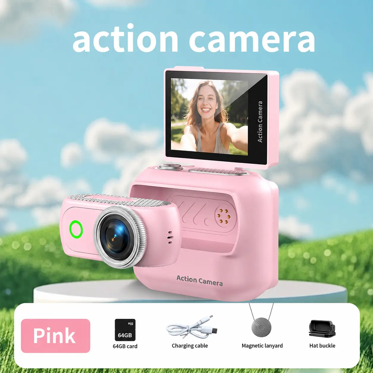 【Action Me】 Portable Mini Action Camera W/ Flip Screen, Hands-Free POV Vlog Camera, Phone-Compatible, Includes Charging Case & Cap Mount (Blk/Wht/Pnk) - Free Protective Case Included #Summerwins #Deals for You