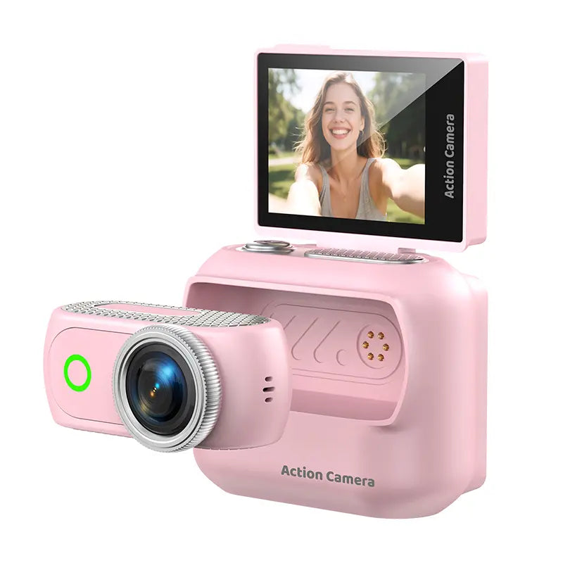 【Action Me】 Portable Mini Action Camera W/ Flip Screen, Hands-Free POV Vlog Camera, Phone-Compatible, Includes Charging Case & Cap Mount (Blk/Wht/Pnk) - Free Protective Case Included #Summerwins #Deals for You